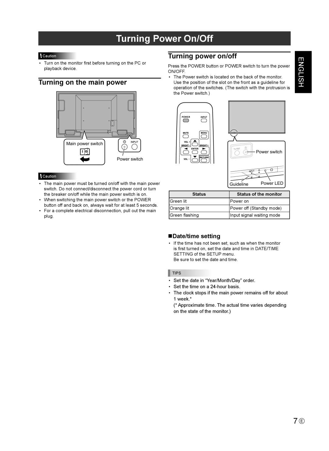 Sharp PN-U553 installation manual Turning Power On/Off, Status Status of the monitor 