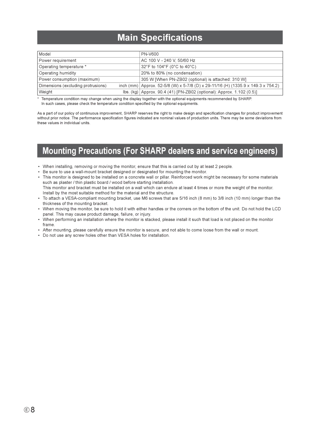 Sharp PN-V600, PNV600 installation manual Main Specifications 