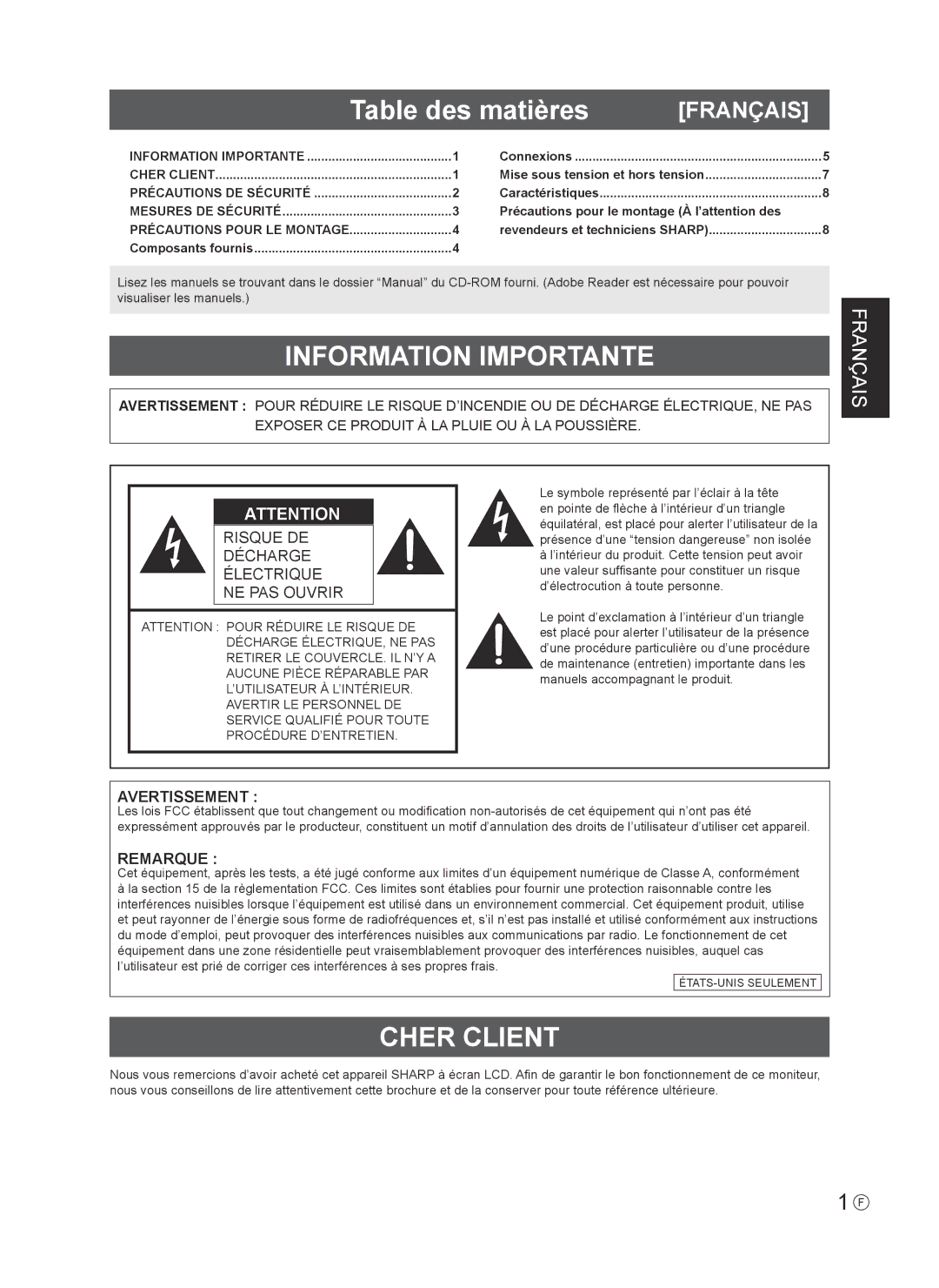 Sharp PNV600, PN-V600 installation manual Table des matières, Information Importante, Cher Client 