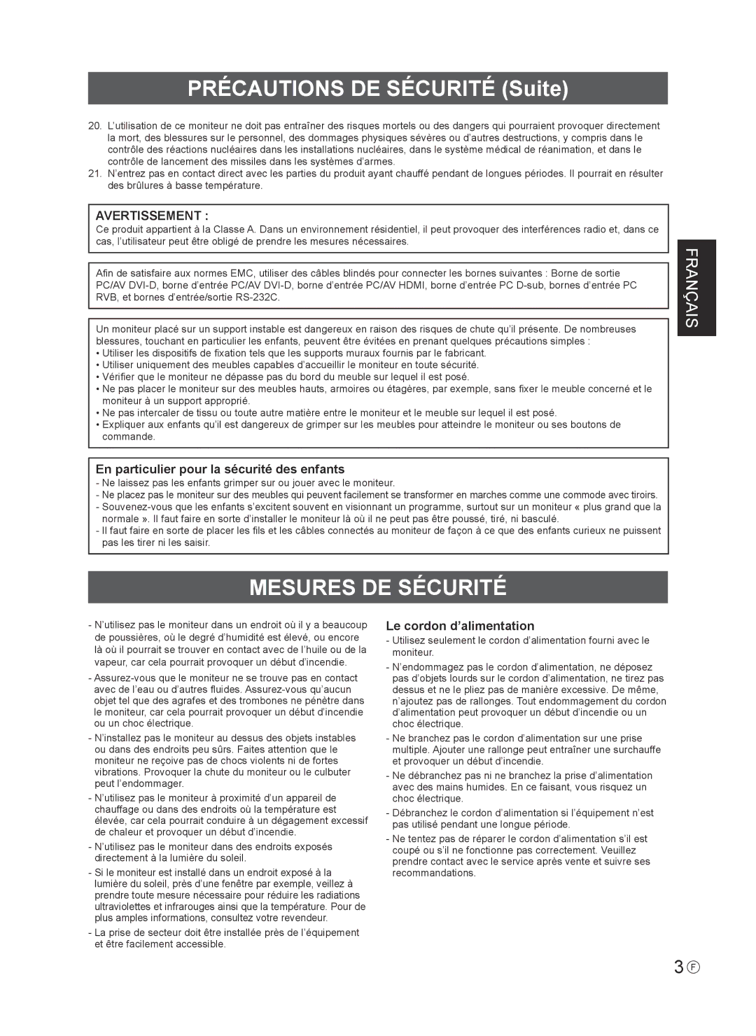 Sharp PNV600, PN-V600 Précautions DE Sécurité Suite, Mesures DE Sécurité, En particulier pour la sécurité des enfants 