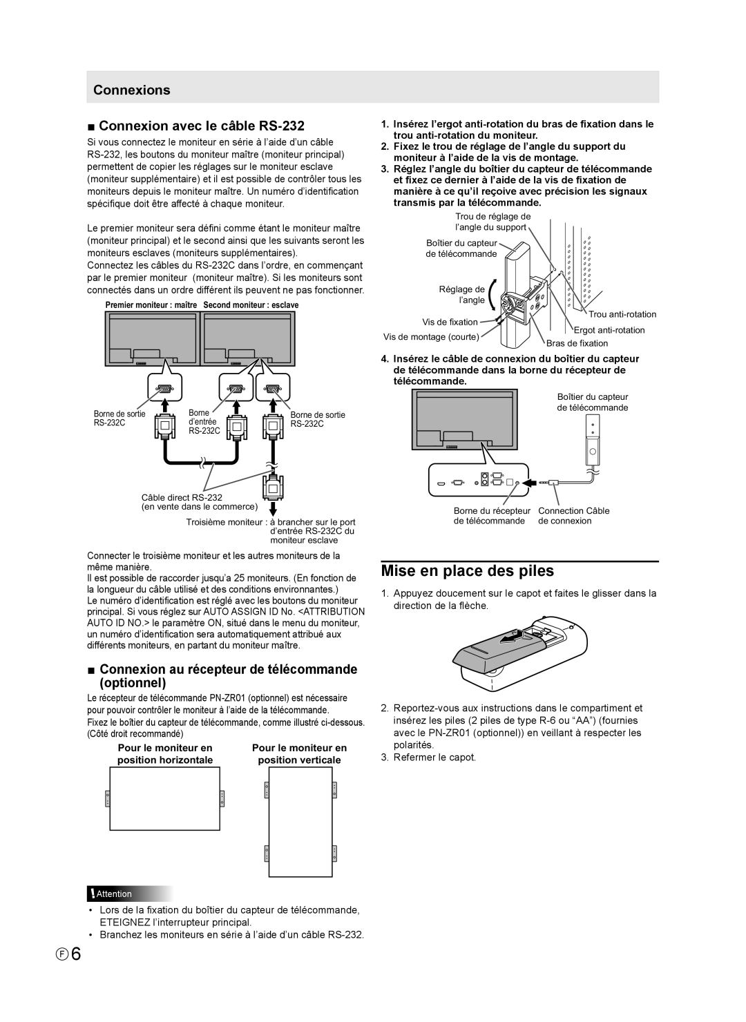 Sharp PN-V600, PNV600 installation manual Mise en place des piles, Connexions Connexion avec le câble RS-232 