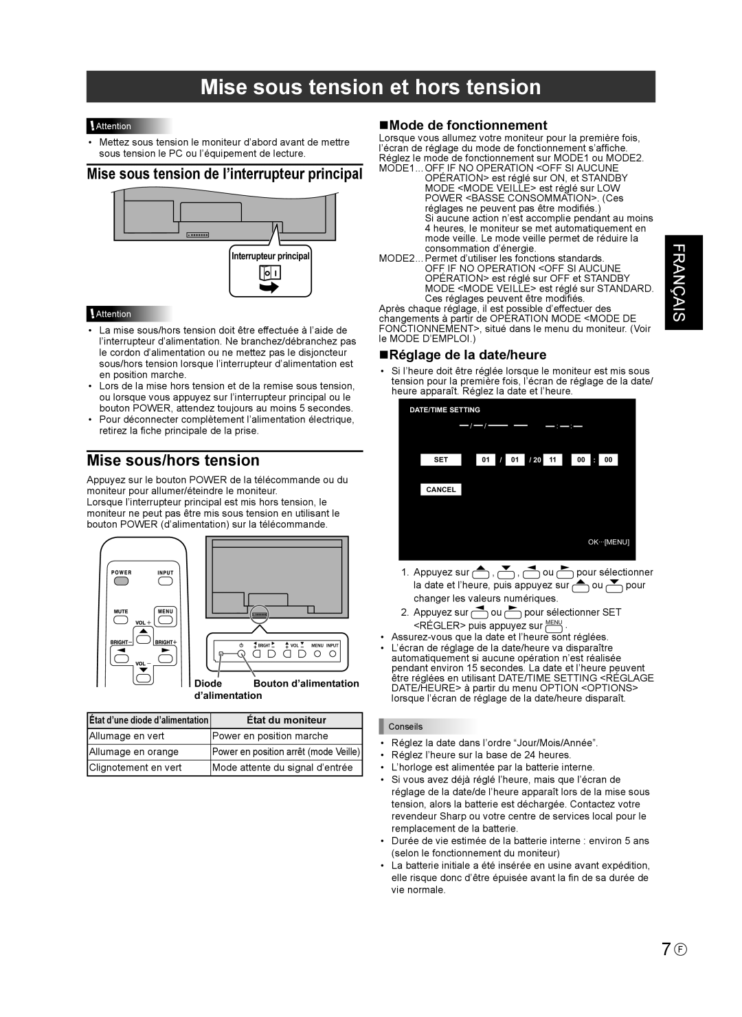 Sharp PNV600, PN-V600 Mise sous tension et hors tension Connexions, Mise sous/hors tension, NMode de fonctionnement 