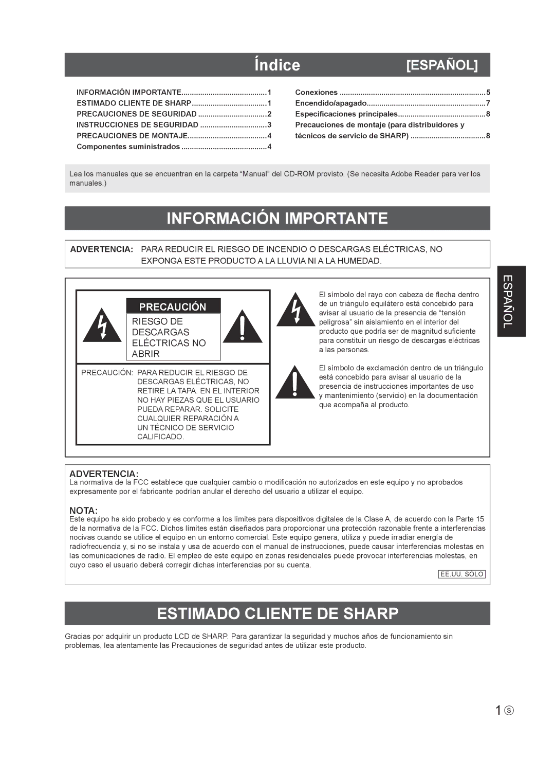 Sharp PNV600, PN-V600 installation manual Índice, Información Importante, Estimado Cliente DE Sharp 