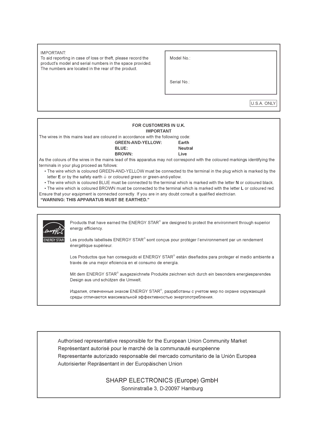 Sharp PN-V600, PNV600 installation manual Model No Serial No, A. only, Earth, Neutral, Live 