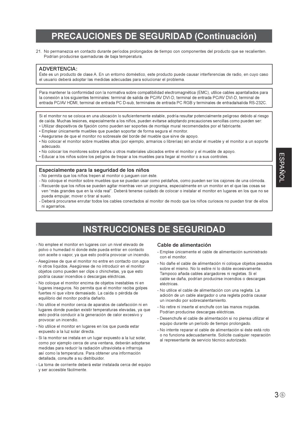 Sharp PNV600, PN-V600 Precauciones DE Seguridad Continuación, Instrucciones DE Seguridad, Cable de alimentación 