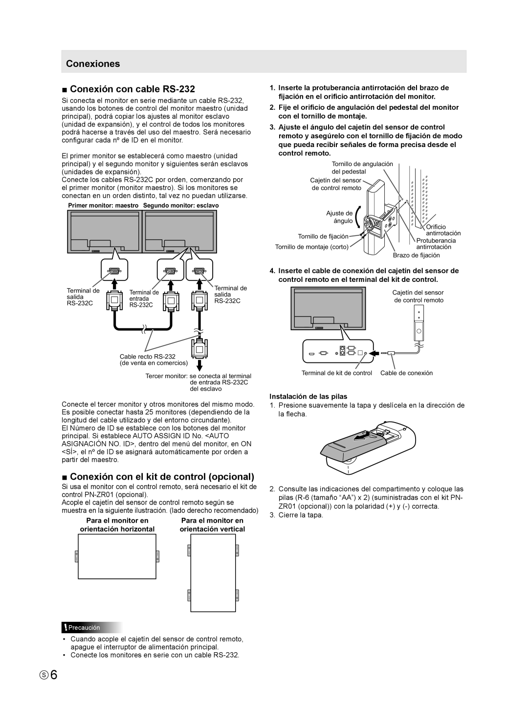 Sharp PN-V600 Conexiones Conexión con cable RS-232, Conexión con el kit de control opcional, Instalación de las pilas 