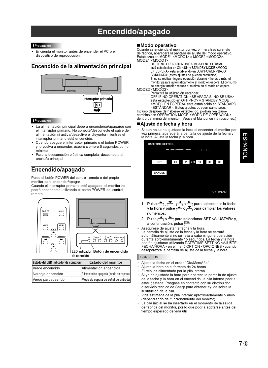 Sharp PNV600, PN-V600 installation manual Encendido/apagado, NModo operativo, NAjuste de fecha y hora 