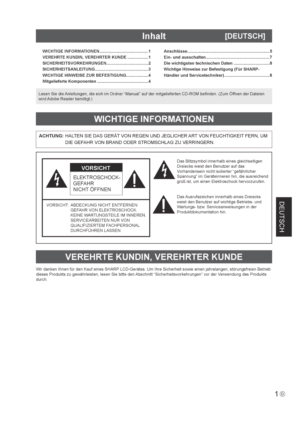 Sharp PNV600, PN-V600 installation manual Inhalt, Wichtige Informationen, Verehrte KUNDIN, Verehrter Kunde 