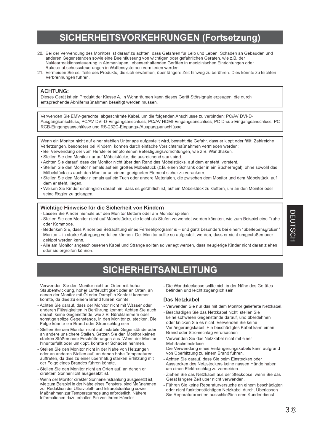 Sharp PNV600 Sicherheitsvorkehrungen Fortsetzung, Sicherheitsanleitung, Wichtige Hinweise für die Sicherheit von Kindern 