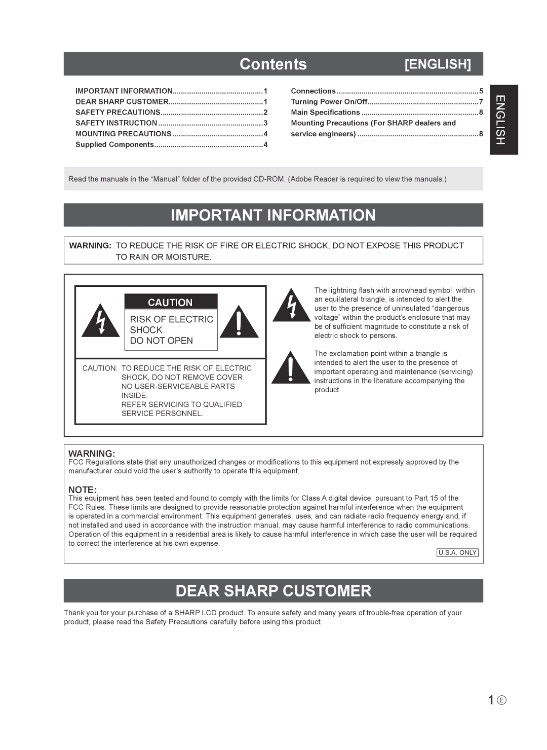 Sharp PNV600, PN-V600 installation manual Contents, Important Information, Dear Sharp Customer 