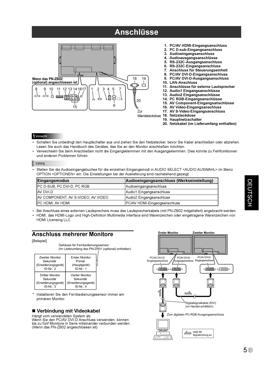 Sharp PNV600, PN-V600 installation manual Anschlüsse, Anschluss mehrerer Monitore, Verbindung mit Videokabel 