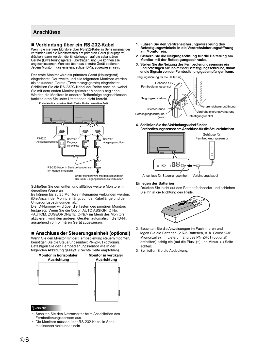 Sharp PN-V600, PNV600 Anschlüsse Verbindung über ein RS-232-Kabel, Anschluss der Steuerungseinheit optional 