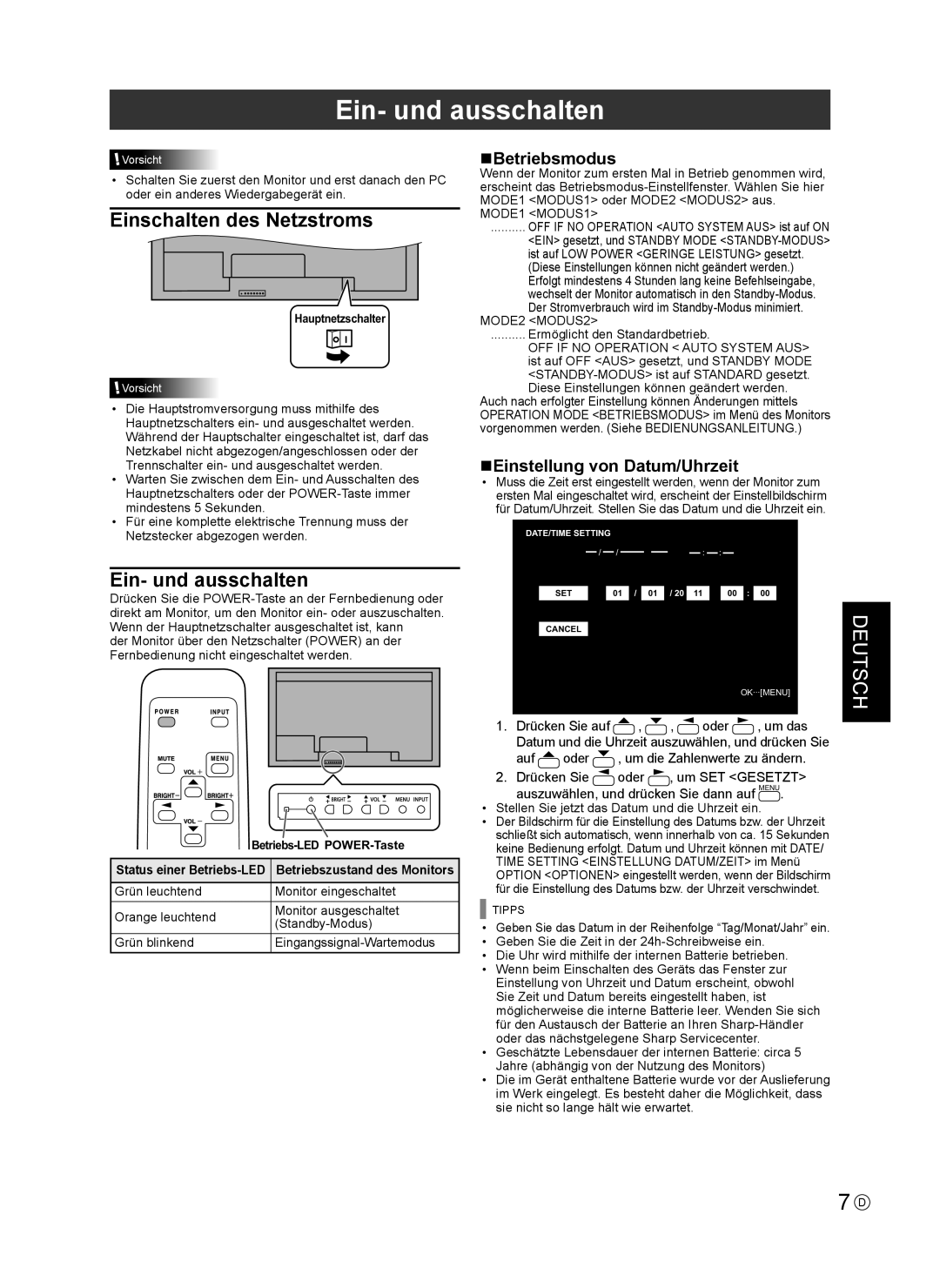 Sharp PNV600, PN-V600 Ein- und ausschalten, Einschalten des Netzstroms, NBetriebsmodus, NEinstellung von Datum/Uhrzeit 