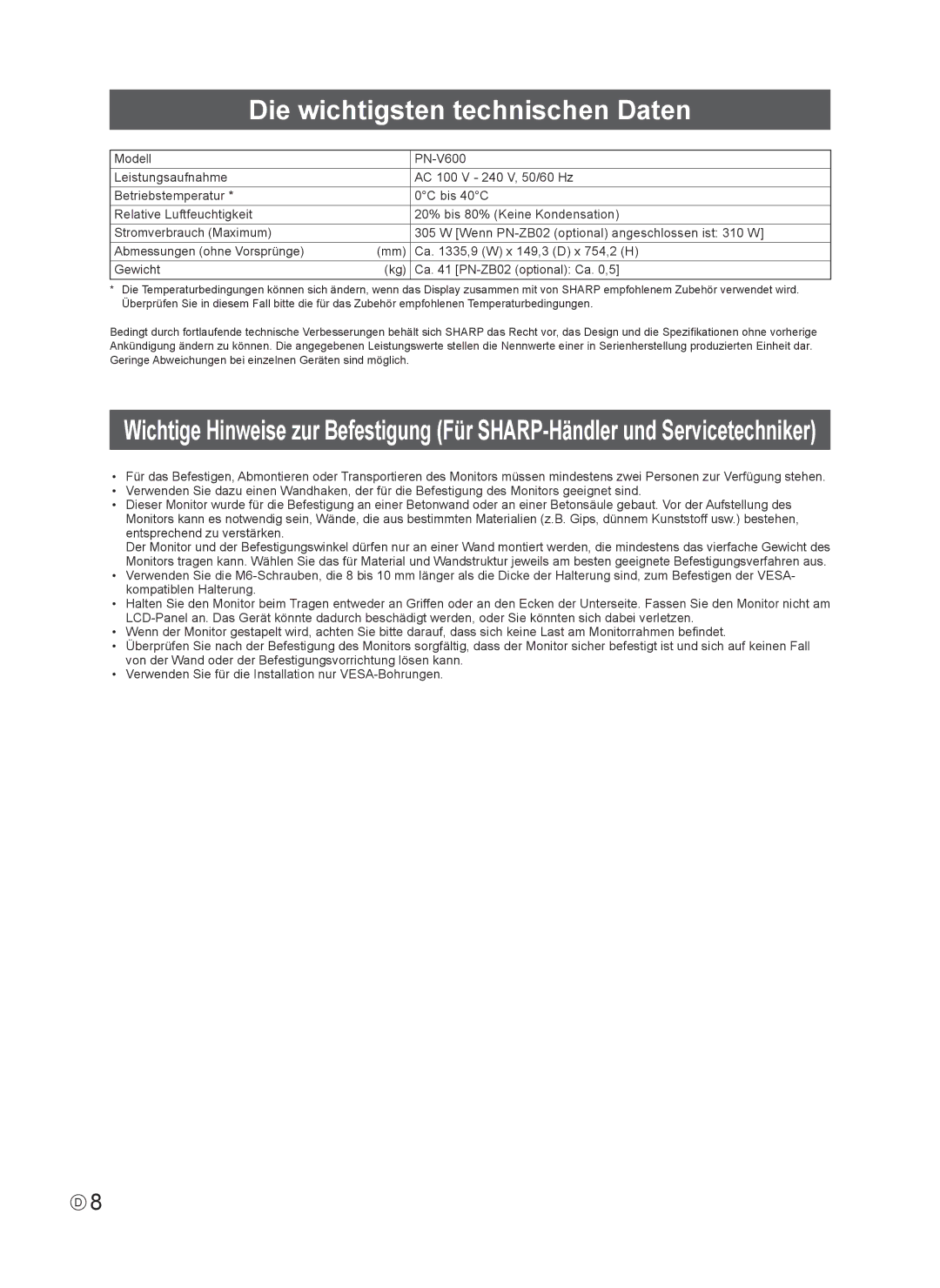 Sharp PN-V600, PNV600 installation manual Die wichtigsten technischen Daten 