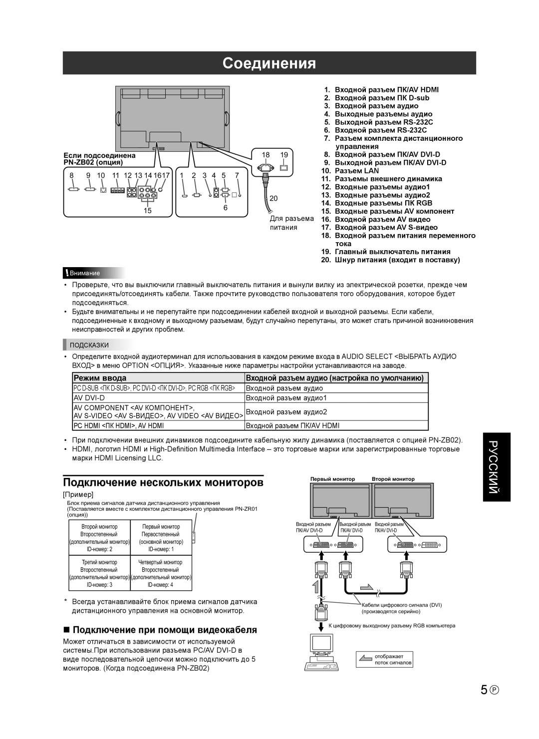 Sharp PNV600, PN-V600 installation manual Соединения, Подключение нескольких мониторов, Подключение при помощи видеокабеля 