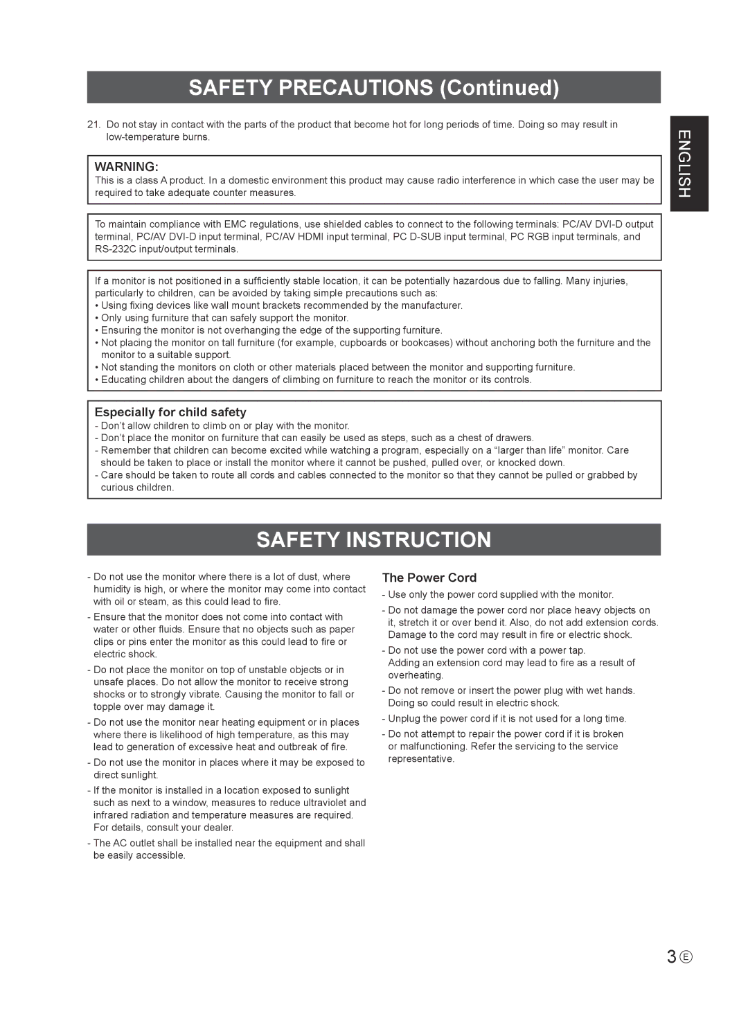 Sharp PNV600, PN-V600 installation manual Safety Precautions, Safety Instruction, Especially for child safety, Power Cord 