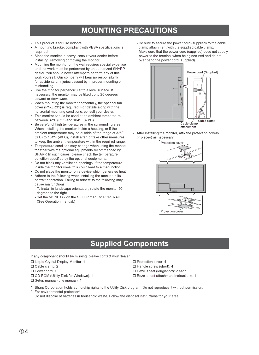 Sharp PN-V600, PNV600 installation manual Mounting Precautions, Supplied Components 