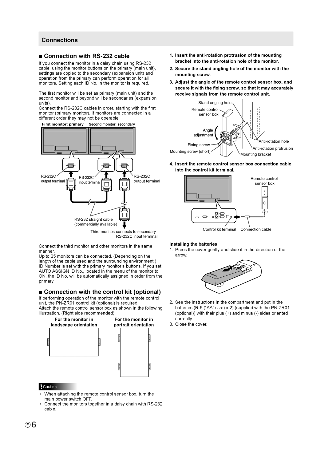 Sharp PN-V600 Connections Connection with RS-232 cable, Connection with the control kit optional, Installing the batteries 