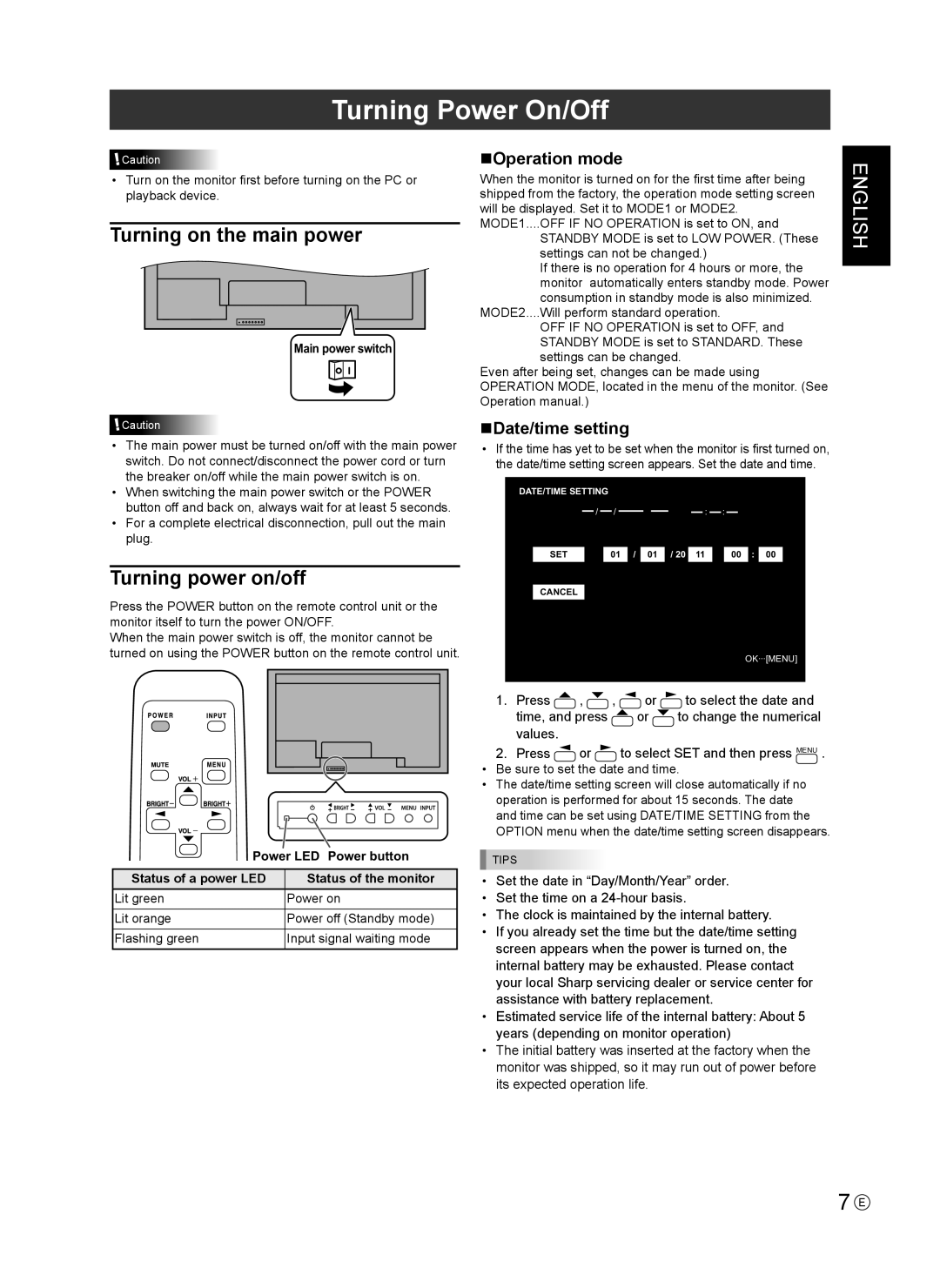 Sharp PNV600 Turning Power On/Off, Turning on the main power, Turning power on/off, NOperation mode, NDate/time setting 