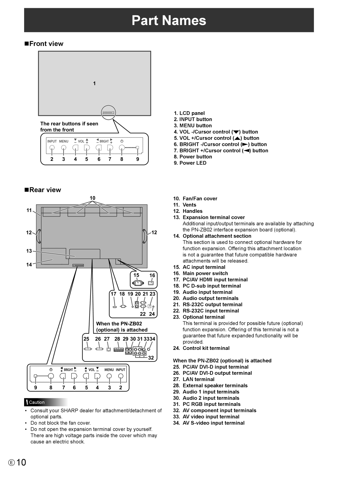 Sharp PN-V600 operation manual Part Names, NFront view, NRear view 