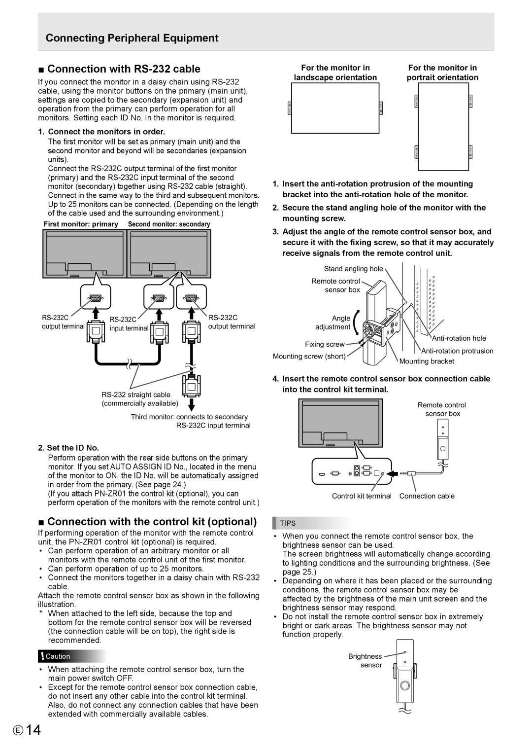 Sharp PN-V600 operation manual Connection with the control kit optional, Connect the monitors in order, Set the ID No 