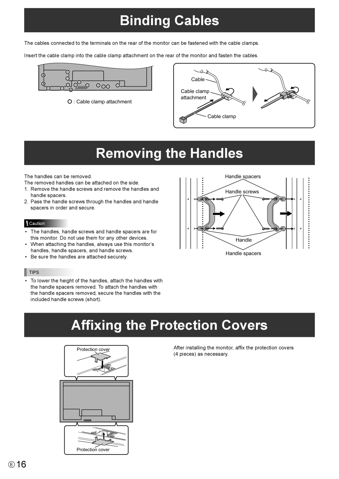 Sharp PN-V600 operation manual Binding Cables, Removing the Handles, Affixing the Protection Covers, Pieces as necessary 