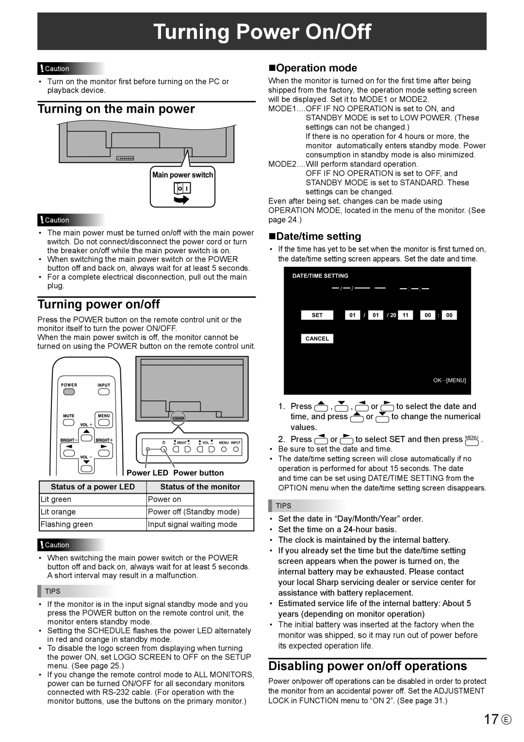 Sharp PN-V600 operation manual Turning Power On/Off, 17 E, Turning on the main power, Turning power on/off 