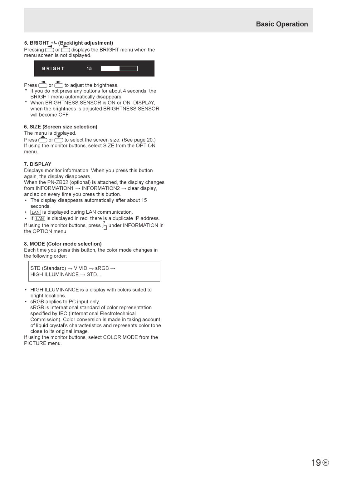 Sharp PN-V600 operation manual 19 E, Basic Operation, Display 