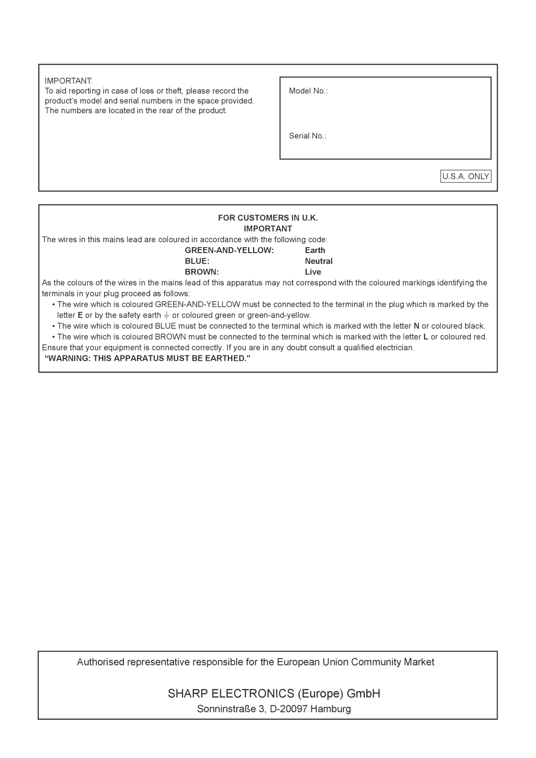 Sharp PN-V600 operation manual For Customers in U.K, Green-And-Yellow, Blue, Brown 