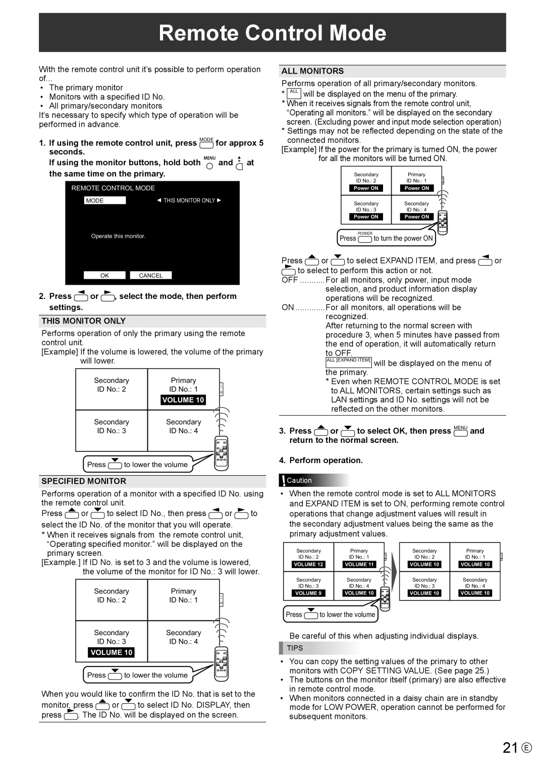 Sharp PN-V600 operation manual Remote Control Mode, 21 E, This Monitor only, Specified Monitor, ALL Monitors 