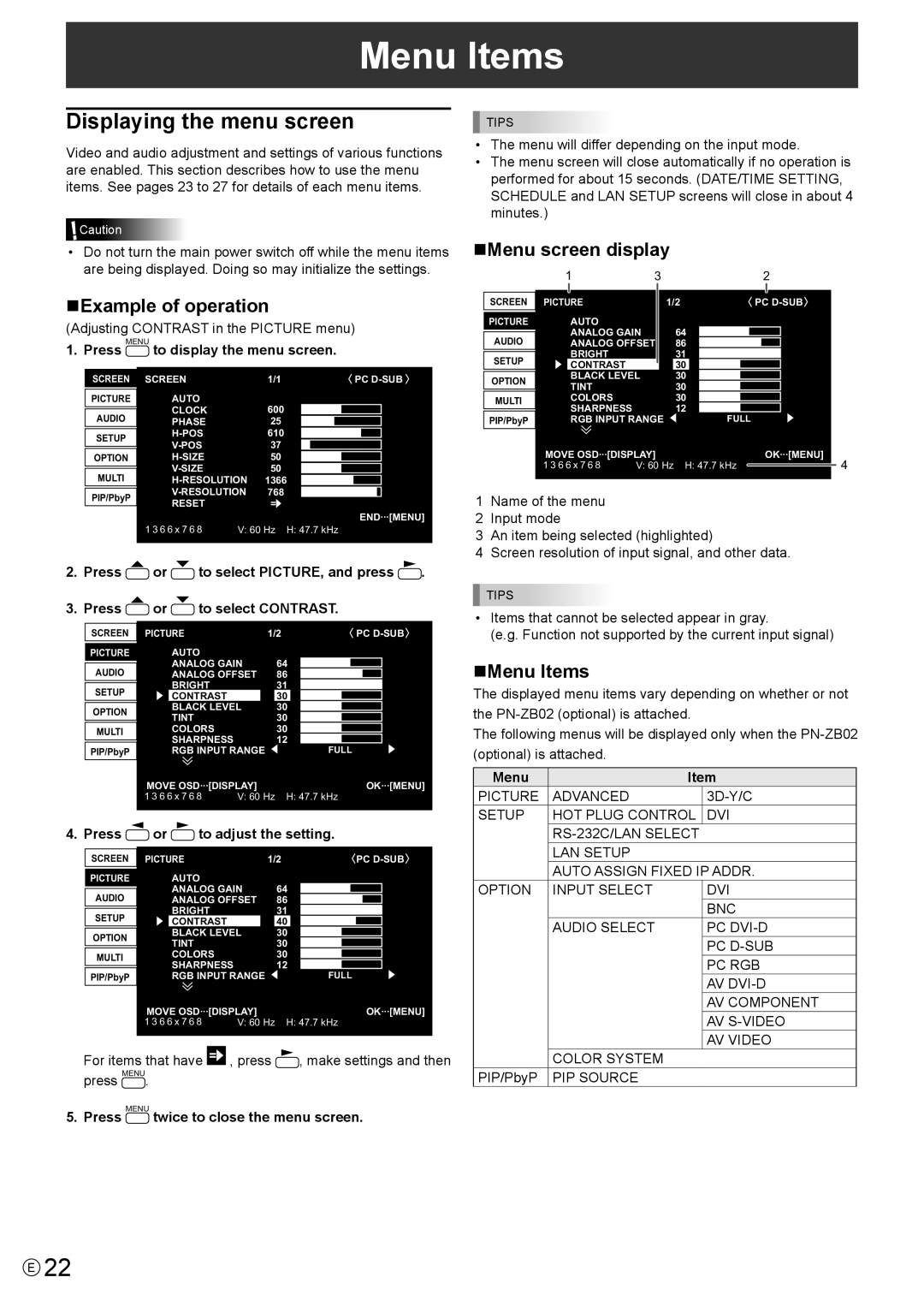 Sharp PN-V600 operation manual Displaying the menu screen, NExample of operation, NMenu screen display, NMenu Items 