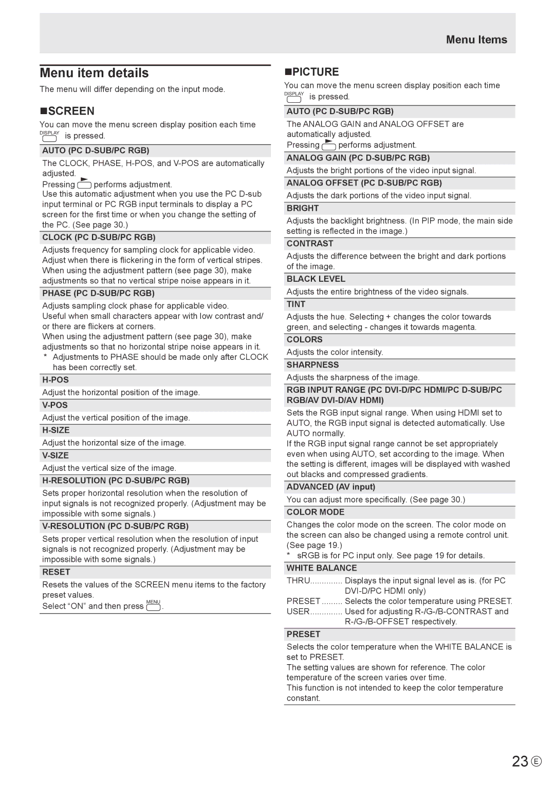 Sharp PN-V600 operation manual 23 E, Menu item details, Nscreen, Menu Items NPICTURE 