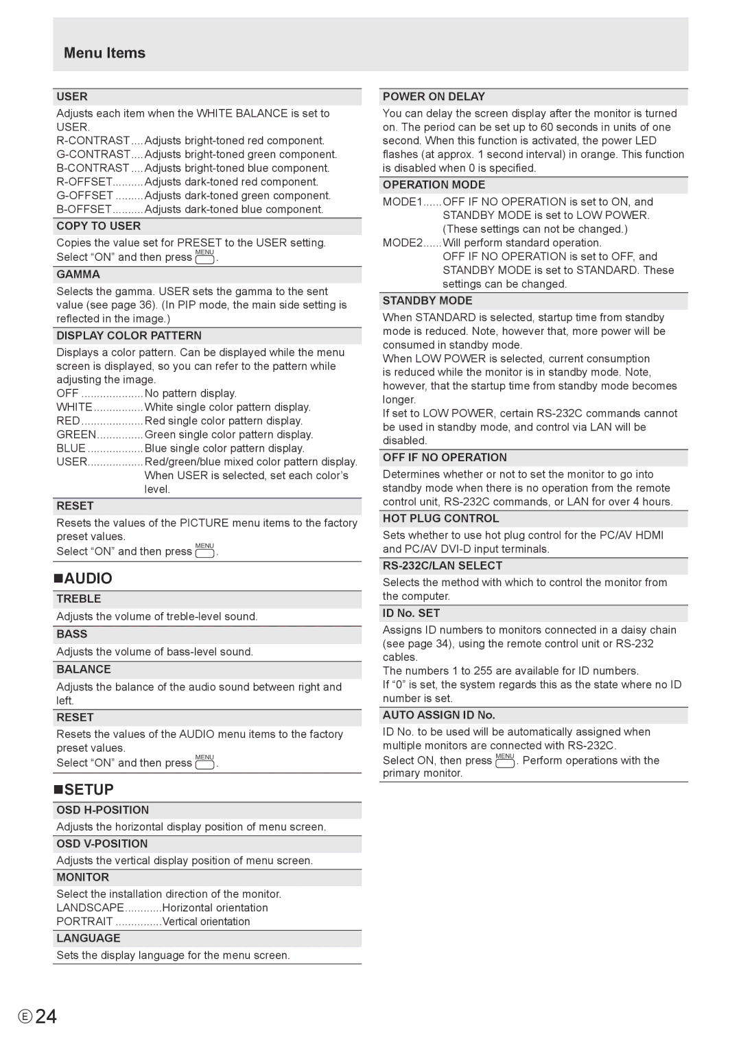 Sharp PN-V600 operation manual Menu Items, Naudio, Nsetup 