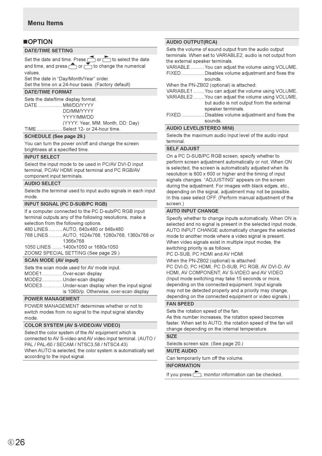 Sharp PN-V600 operation manual Menu Items NOPTION 