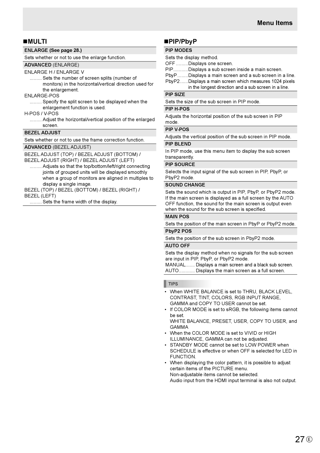 Sharp PN-V600 operation manual 27 E, Nmulti, Menu Items NPIP/PbyP 