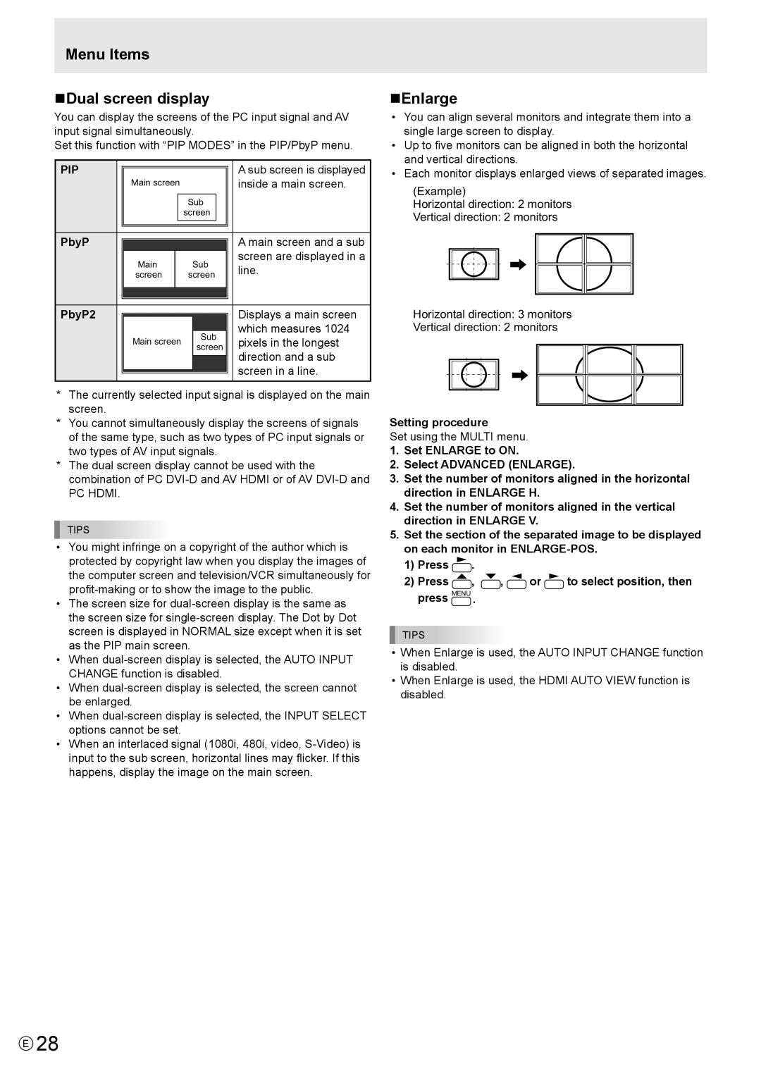 Sharp PN-V600 operation manual Menu Items NDual screen display, NEnlarge, Pip 