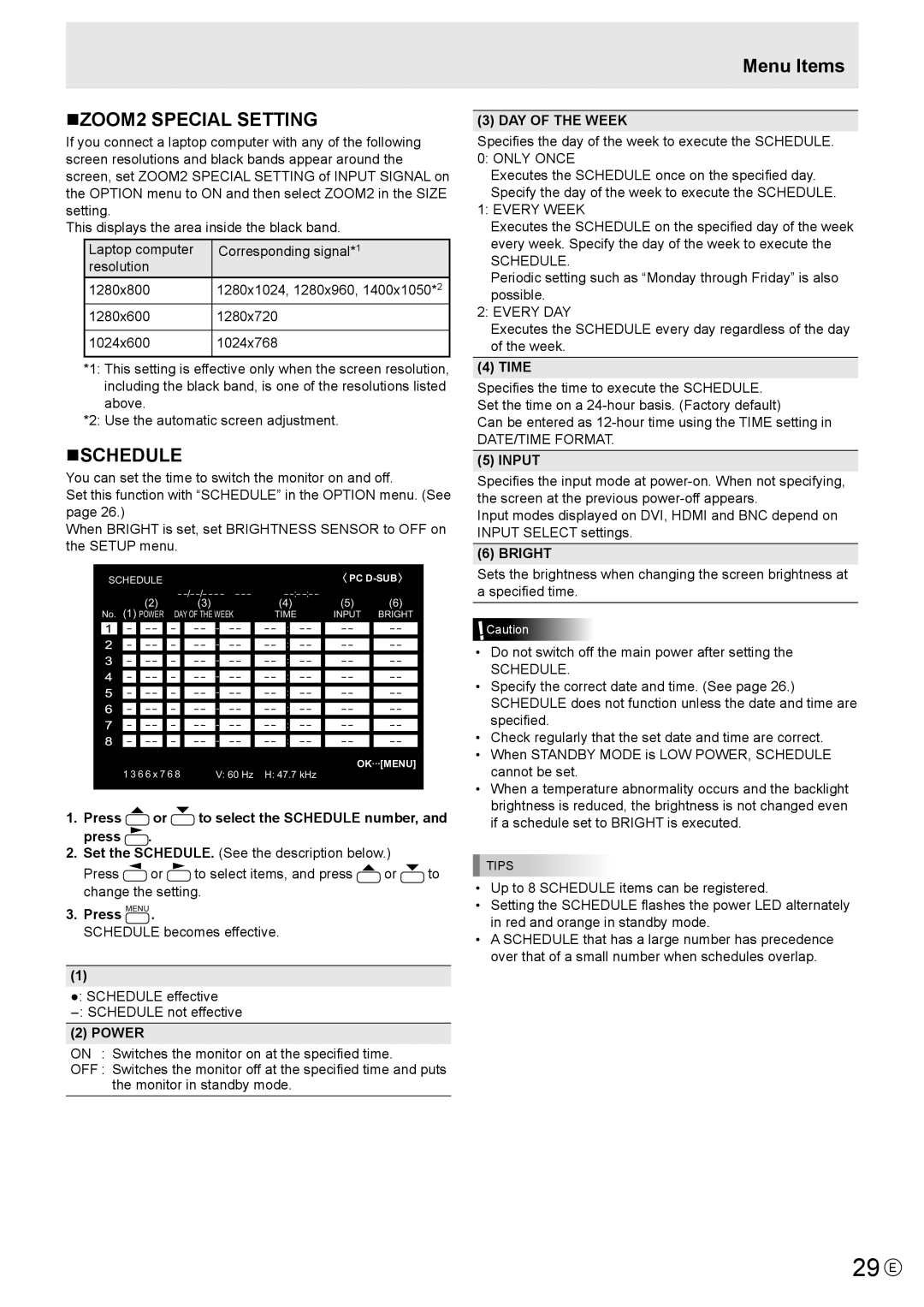 Sharp PN-V600 operation manual 29 E, NZOOM2 Special Setting, Nschedule 