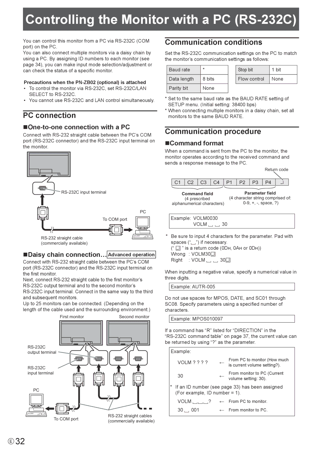 Sharp PN-V600 Controlling the Monitor with a PC RS-232C, PC connection, Communication conditions, Communication procedure 