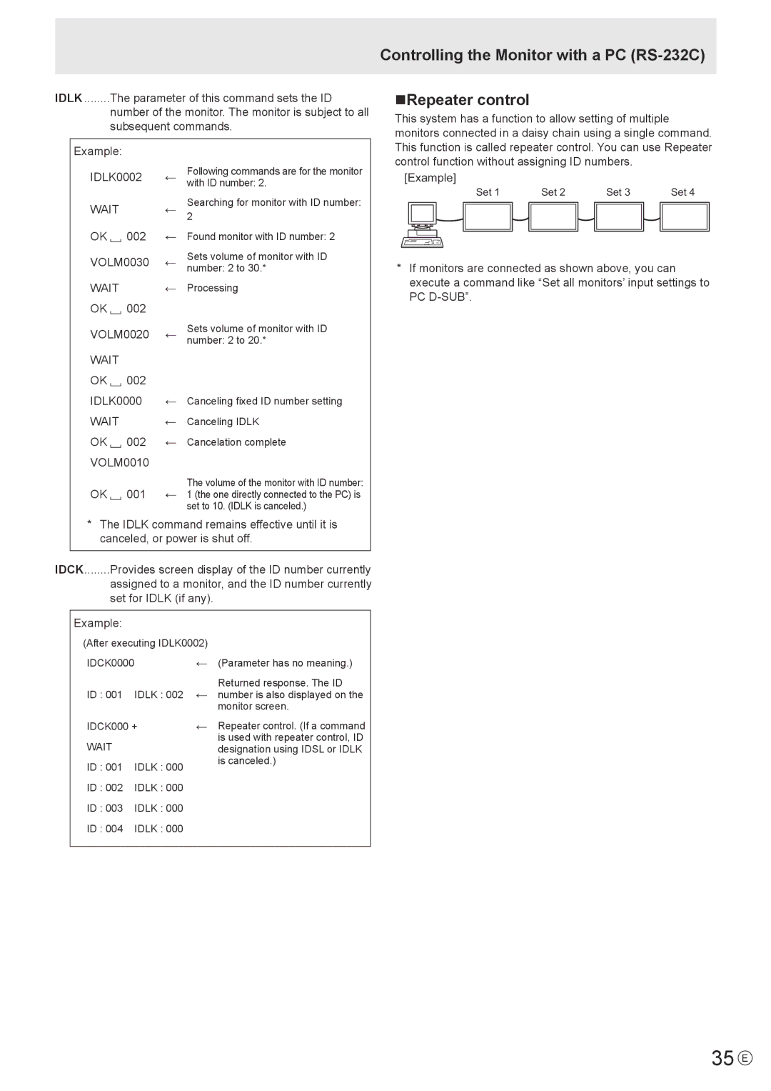 Sharp PN-V600 operation manual 35 E, NRepeater control, VOLM0020 ←, OK 002 IDLK0000 ← Wait ← OK 002 ← VOLM0010 OK 001 ← 