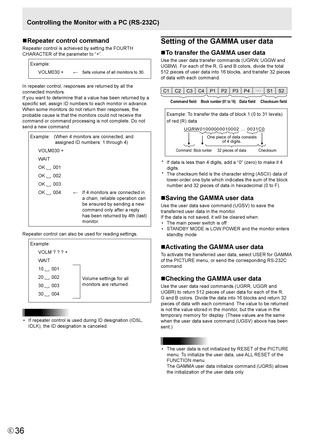 Sharp PN-V600 Setting of the Gamma user data, NTo transfer the Gamma user data, NSaving the Gamma user data 