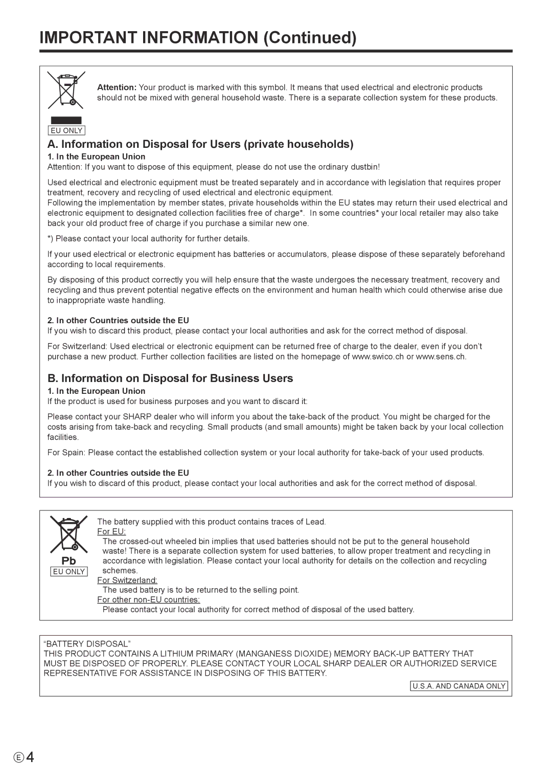 Sharp PN-V600 Information on Disposal for Users private households, Information on Disposal for Business Users 