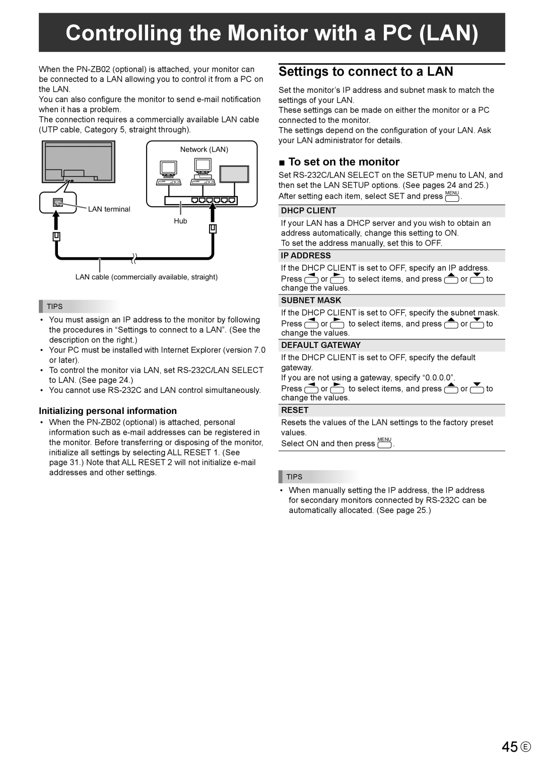 Sharp PN-V600 Controlling the Monitor with a PC LAN, 45 E, Settings to connect to a LAN, To set on the monitor 