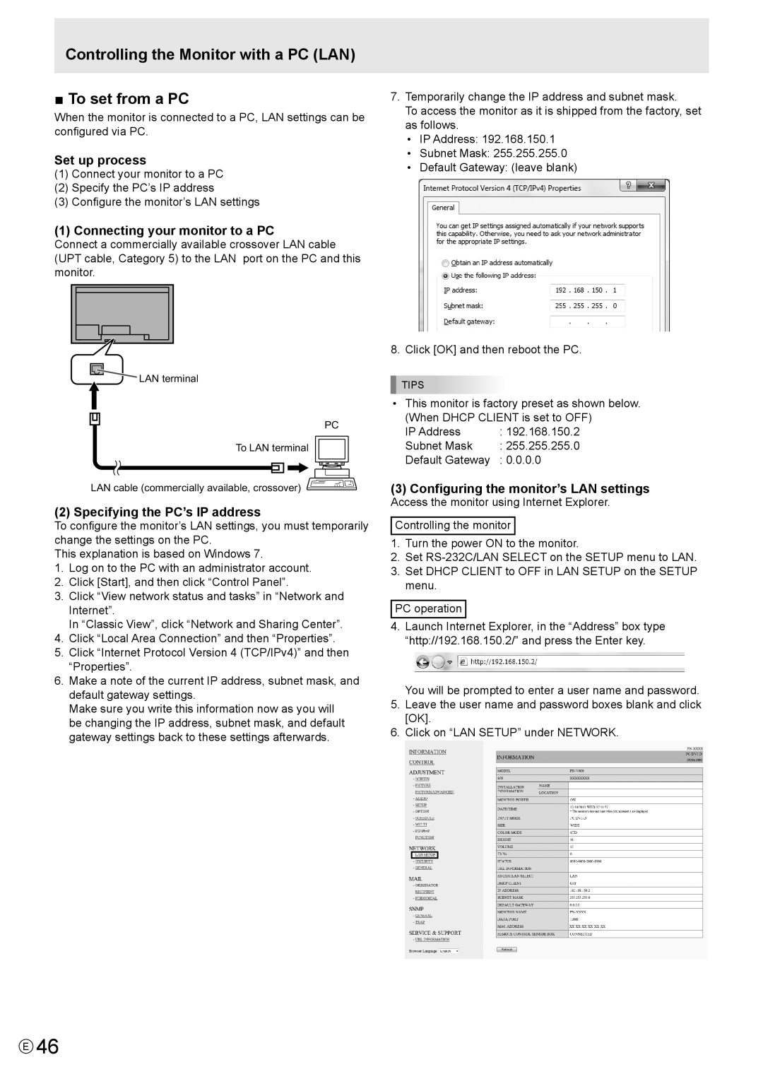 Sharp PN-V600 operation manual Controlling the Monitor with a PC LAN To set from a PC, Default Gateway 0.0 