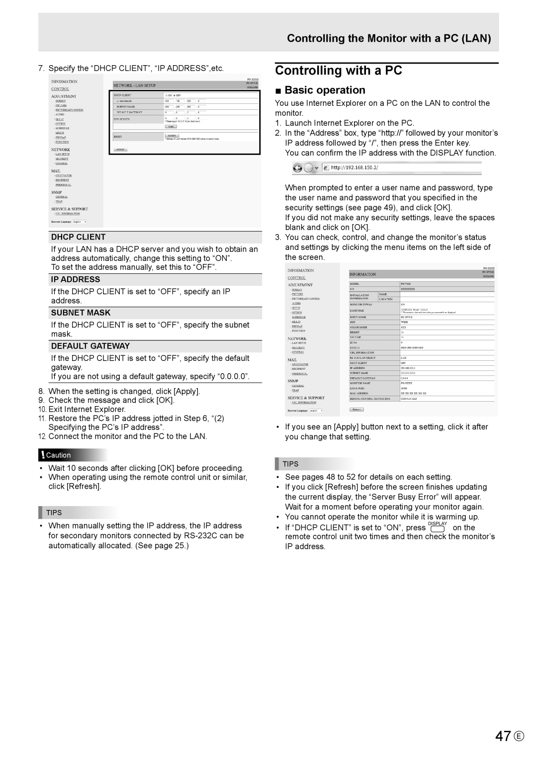 Sharp PN-V600 operation manual 47 E, Controlling with a PC, Controlling the Monitor with a PC LAN 