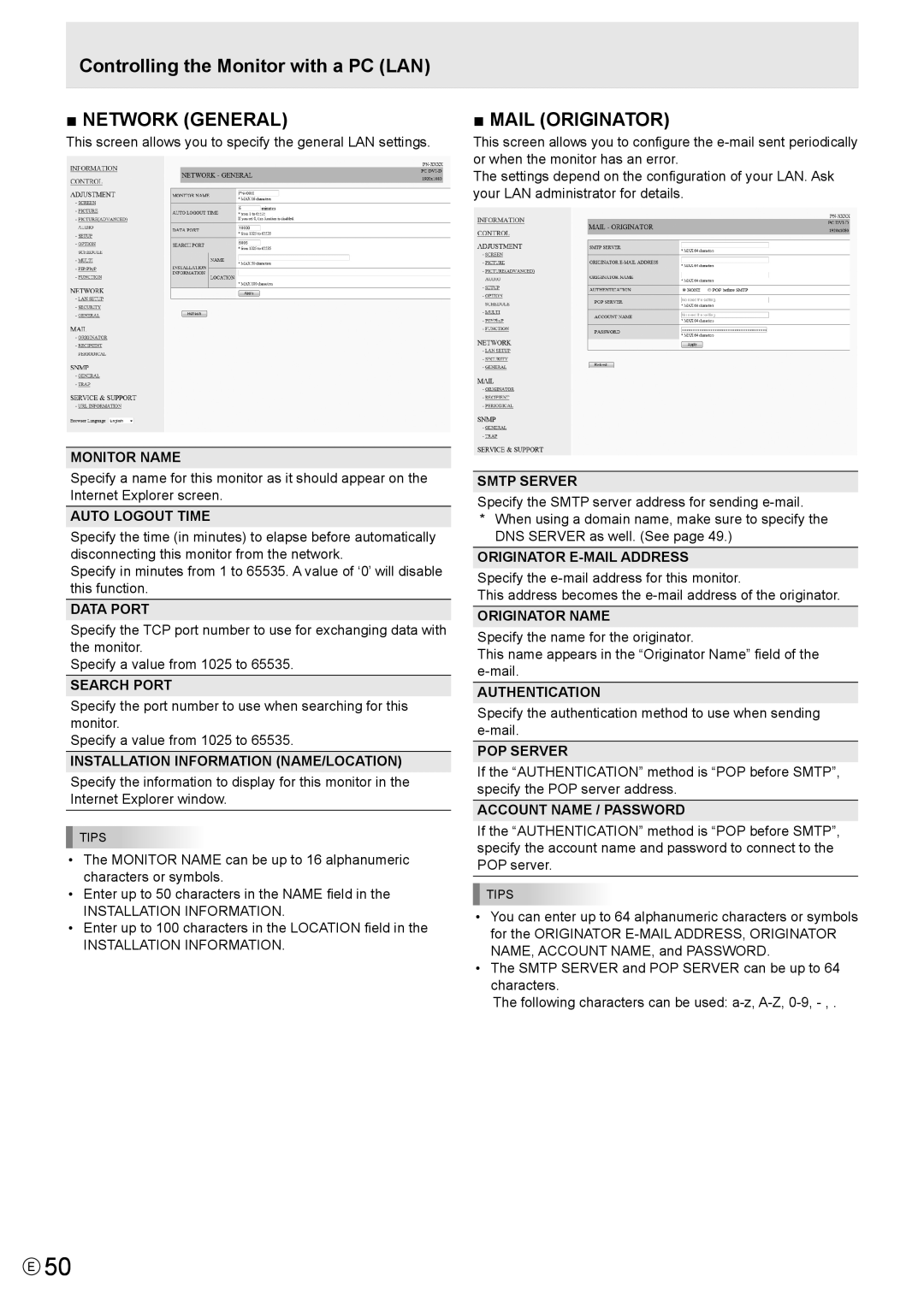 Sharp PN-V600 Monitor Name, Auto Logout Time, Data Port, Search Port, Installation Information NAME/LOCATION, Smtp Server 