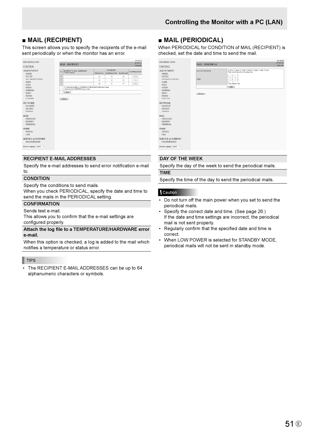 Sharp PN-V600 operation manual 51 E, Recipient E-MAIL Addresses, Condition, Confirmation, Time 