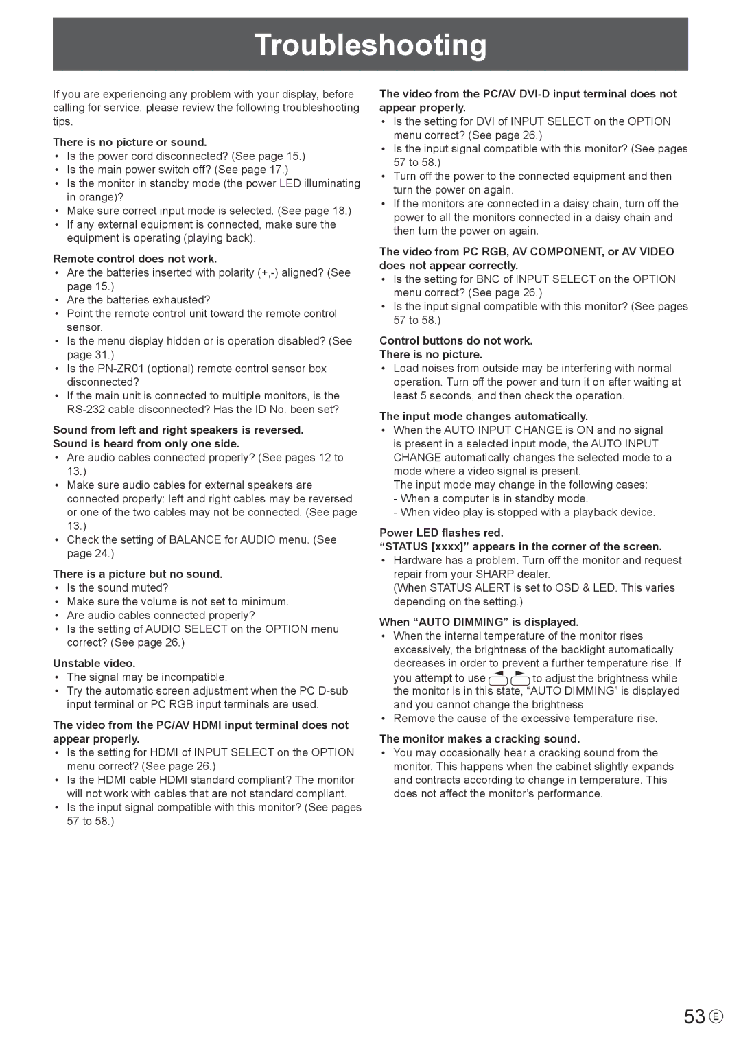 Sharp PN-V600 operation manual Troubleshooting, 53 E 