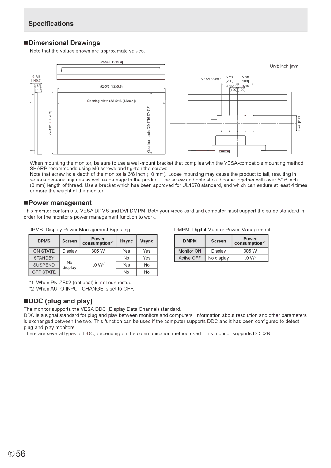 Sharp PN-V600 operation manual Specifications NDimensional Drawings, NPower management, NDDC plug and play 