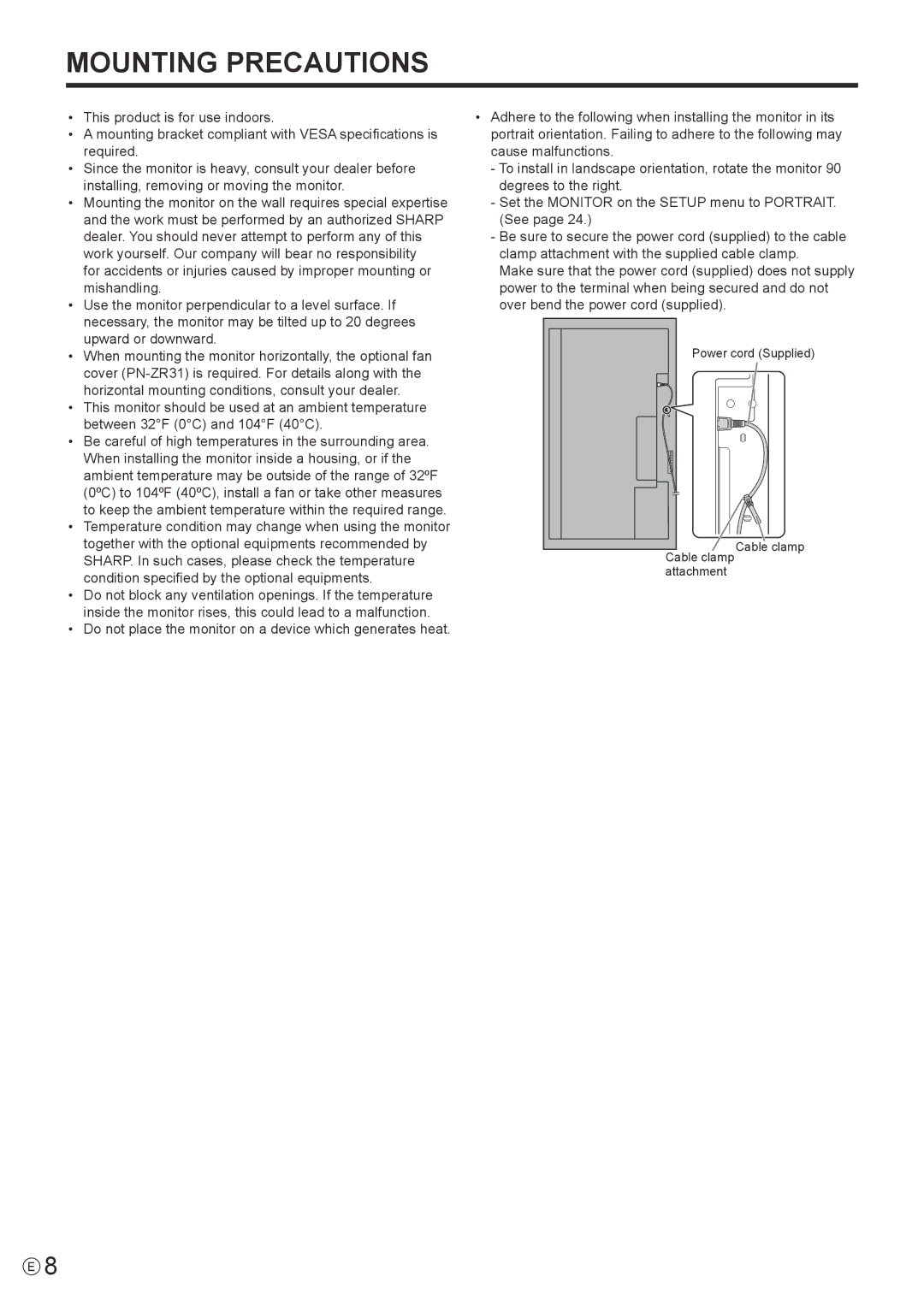 Sharp PN-V600 operation manual Mounting Precautions 