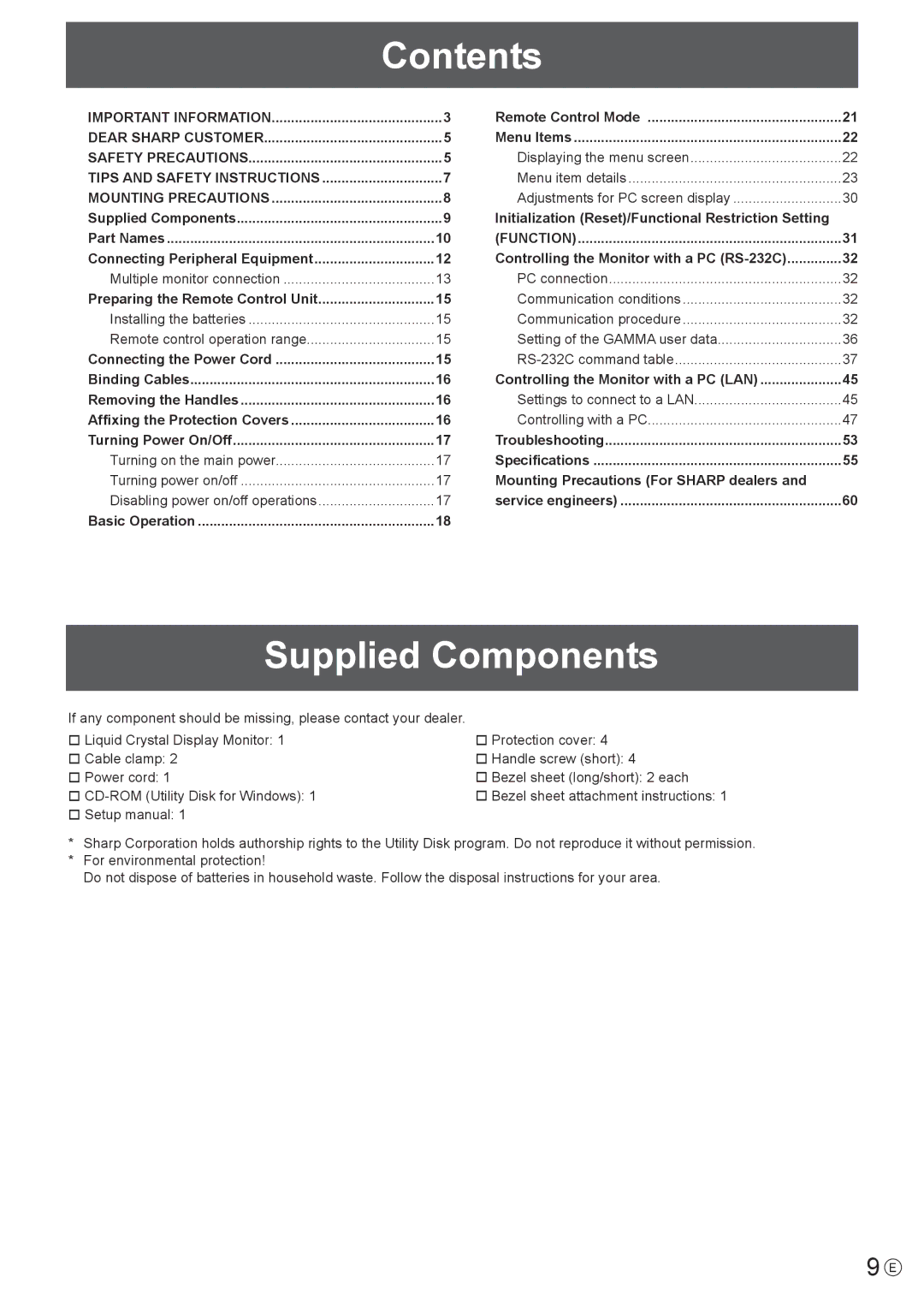 Sharp PN-V600 operation manual Contents, Supplied Components 